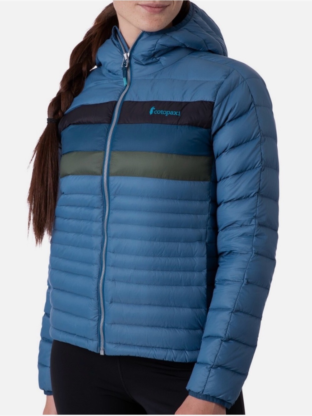 Cotopaxi Women's Fuego Down Hooded Jacket Women’s Size Large Denim Stripes Hike